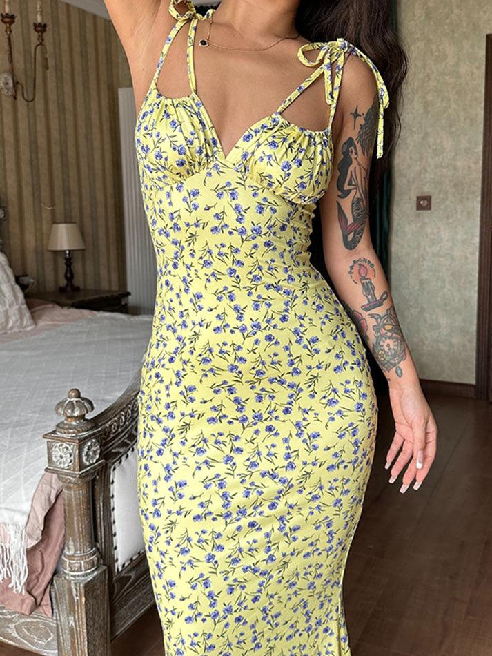 Ddbos - Lace Up Floral Maxi Dress