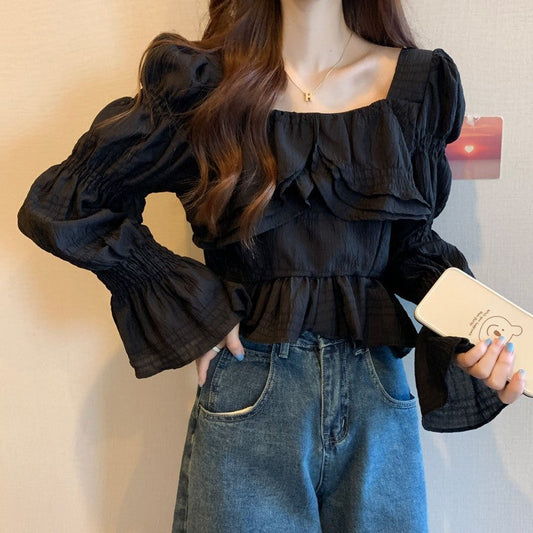 fall outfits women White Bell Sleeve Top Women's Clothing Spring Shirt Ruffled Square Collar Shirt Niche