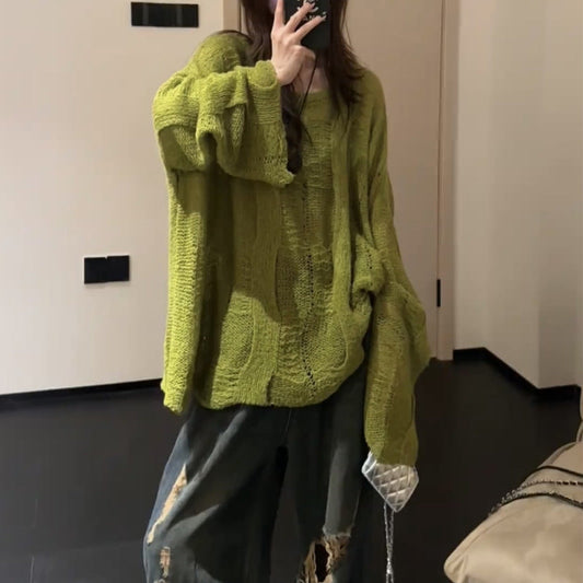 grunge outfits Cotton Tea Green Knitted Sweater Slimming Long Sleeve Green Retro Niche Loose Design Sweater Autumn 2024