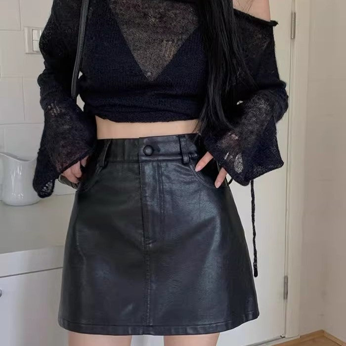 y2k New Sweet and Spicy Style Short Small Leather Skirt Autumn and Winter Versatile High Waist A- line Skirt One-Step Skirt PU Leather Skirt