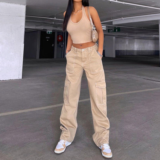 college outfits Women's Street Fashion Multi-Pocket Workwear Straight Trousers High Waist Slimming Loose Khaki Jeans for Women