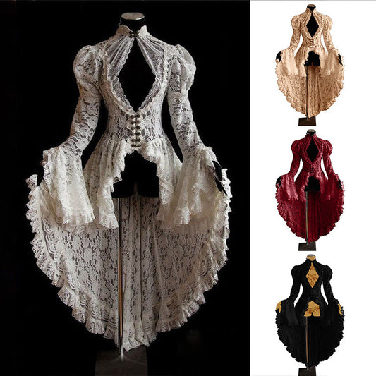 costume ideas Vintage Lace Stitching Stand Collar Dress Bell Sleeve Slim-Fit See-through Dovetail Skirt for Women