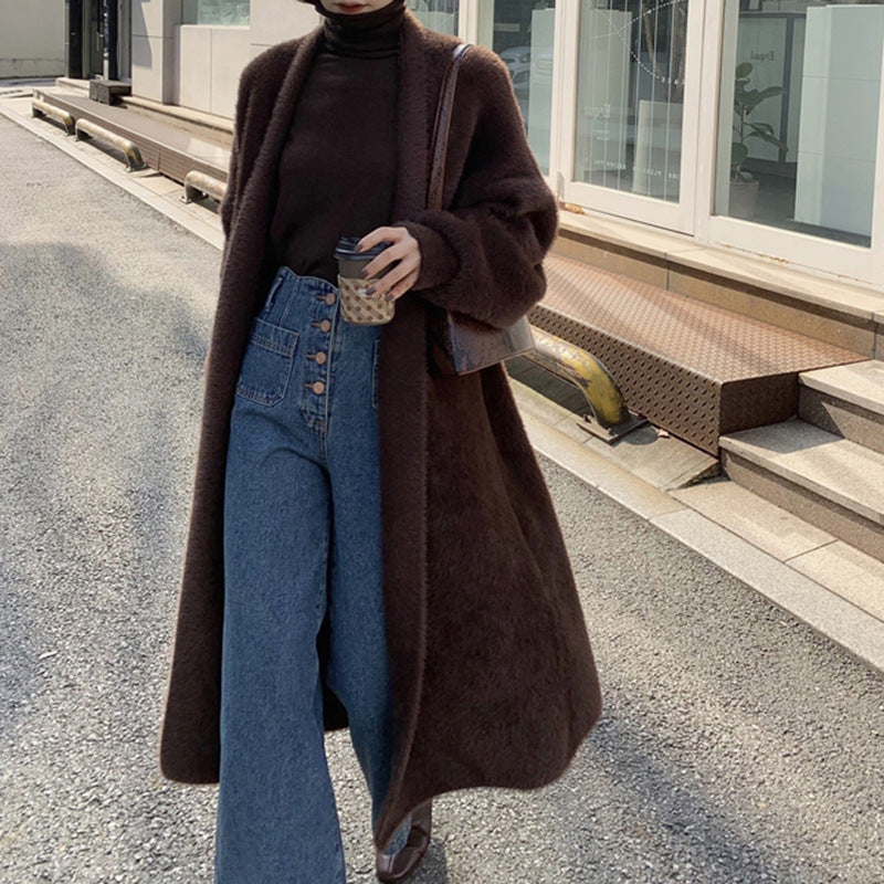 2024 fall fashion trends Korean Style Autumn and Winter New Style Faux Mink Velvet Sweater Women's Cardigan Outer Wear over the Knee Long Loose Overcoat Women's Coat