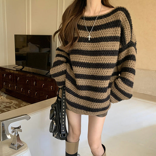 fall outfits women aesthetic Autumn and Winter New Retro Striped off-Neck Sweater Loose Lazy Style Age-Reducing Versatile Pullover Sweater for Women