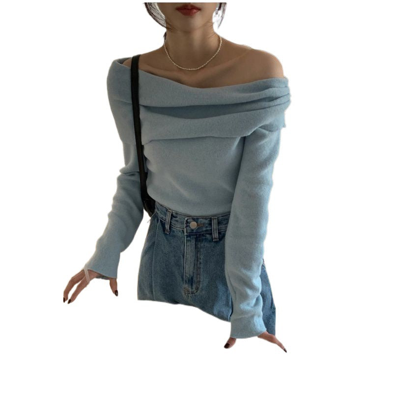 trending fall outfits Milk Soft Blue off-Shoulder Sweater Women's Spring and Autumn off-Shoulder Large Lapel Bottoming Shirt Slim Slimming Long Sleeve Sweater