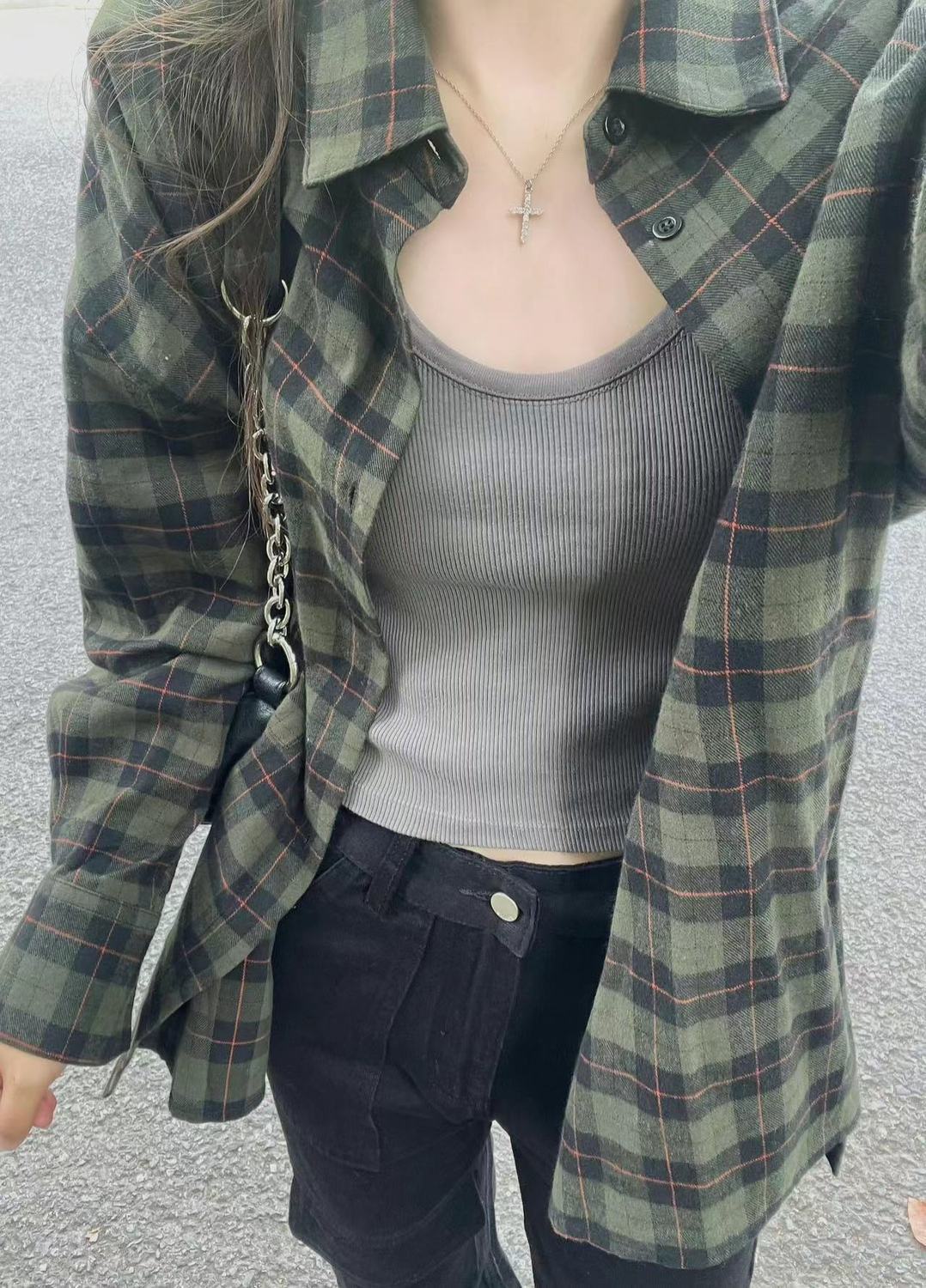 grunge outfits Retro Chic Green Plaid Shirt Women's Autumn and Winter Loose Lazy Style Mid-Length Shirt Coat Cardigan Outer Wear