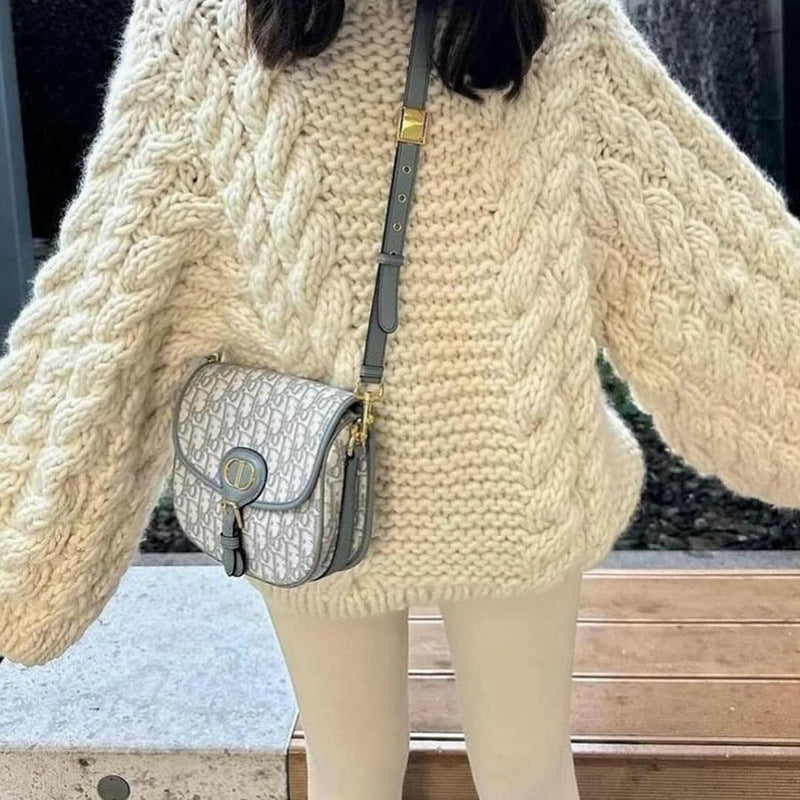 simple winter outfits Spring and Autumn Fashion Elegant round Neck Bell Sleeve Knitted Sweater Loose All-Match Top