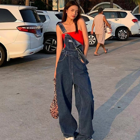 late summer outfits Summer and Autumn New American Retro High Waist Denim Suspender Pants Women's Wide Leg Loose Casual Straight Slimming Mop Pants