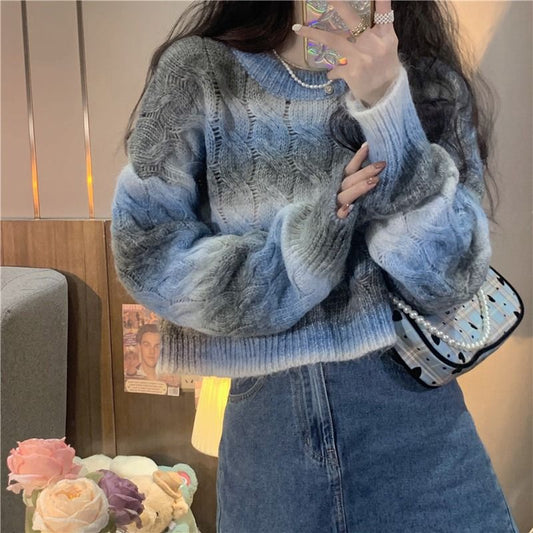 trending fall outfits Korean Style Niche Gradient Color Twist Soft Glutinous Sweater Women's Autumn and Winter Age-Reducing Loose Short Knitted Top Women