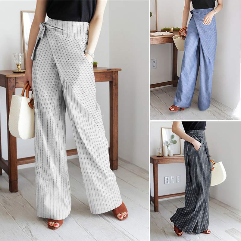 curvy casual outfits Women's Casual Pants Fashionable Striped Design Trousers Autumn Lace-up Trousers