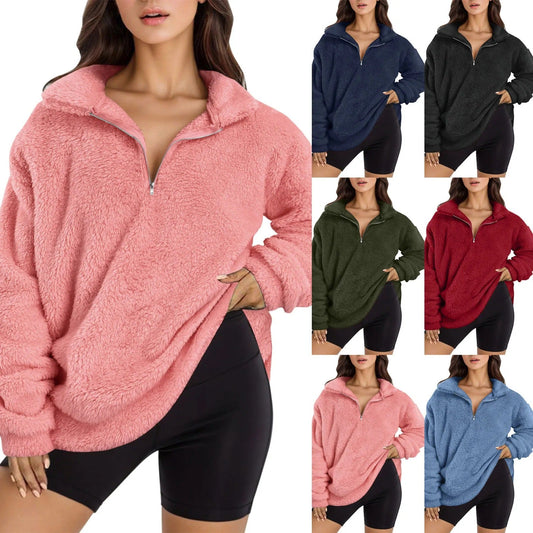 outfit Autumn and Winter New Plush Fleece-lined Women's Stand Collar Sweater Casual