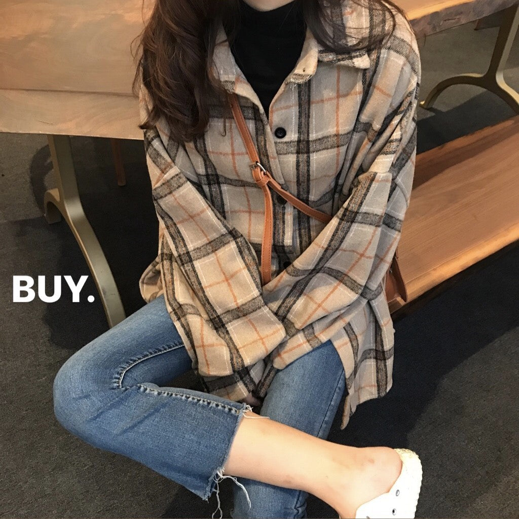 college outfits aesthetic Brushed Lapel Plaid Shirt Women's Clothing Winter New Retro Hong Kong Style French Fashion Top Student Coat