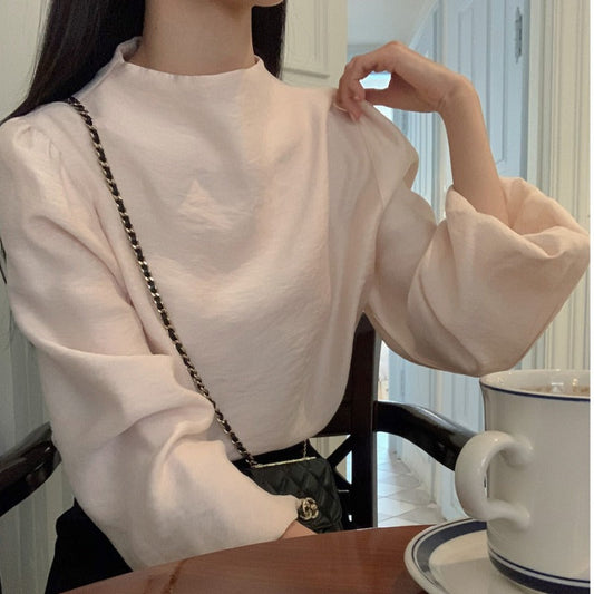 fall outfits 2024 Chic Early Spring Simple Solid Color Loose All-Match Half Turtleneck Puff Sleeve Shirt Women's Western Style Top