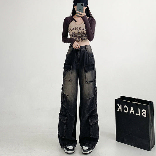 y2k outfits American Hip Hop Jazz Jeans Women's 2024 New Wide Leg Street Hip Hop Pocket Overalls