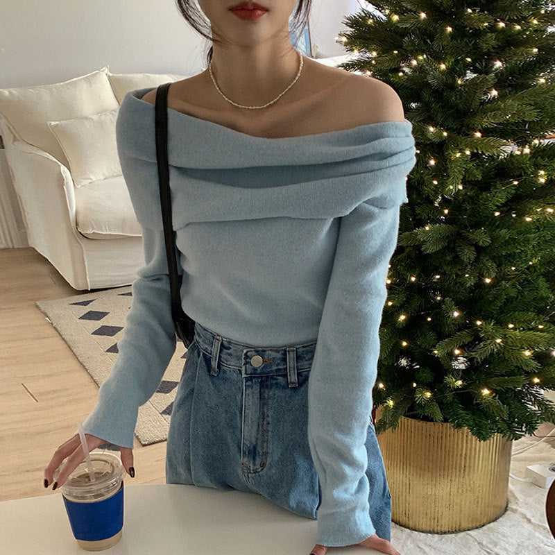 trending fall outfits Milk Soft Blue off-Shoulder Sweater Women's Autumn and Winter off-Shoulder Large Lapel Bottoming Shirt Slim Slimming Long Sleeve Sweater