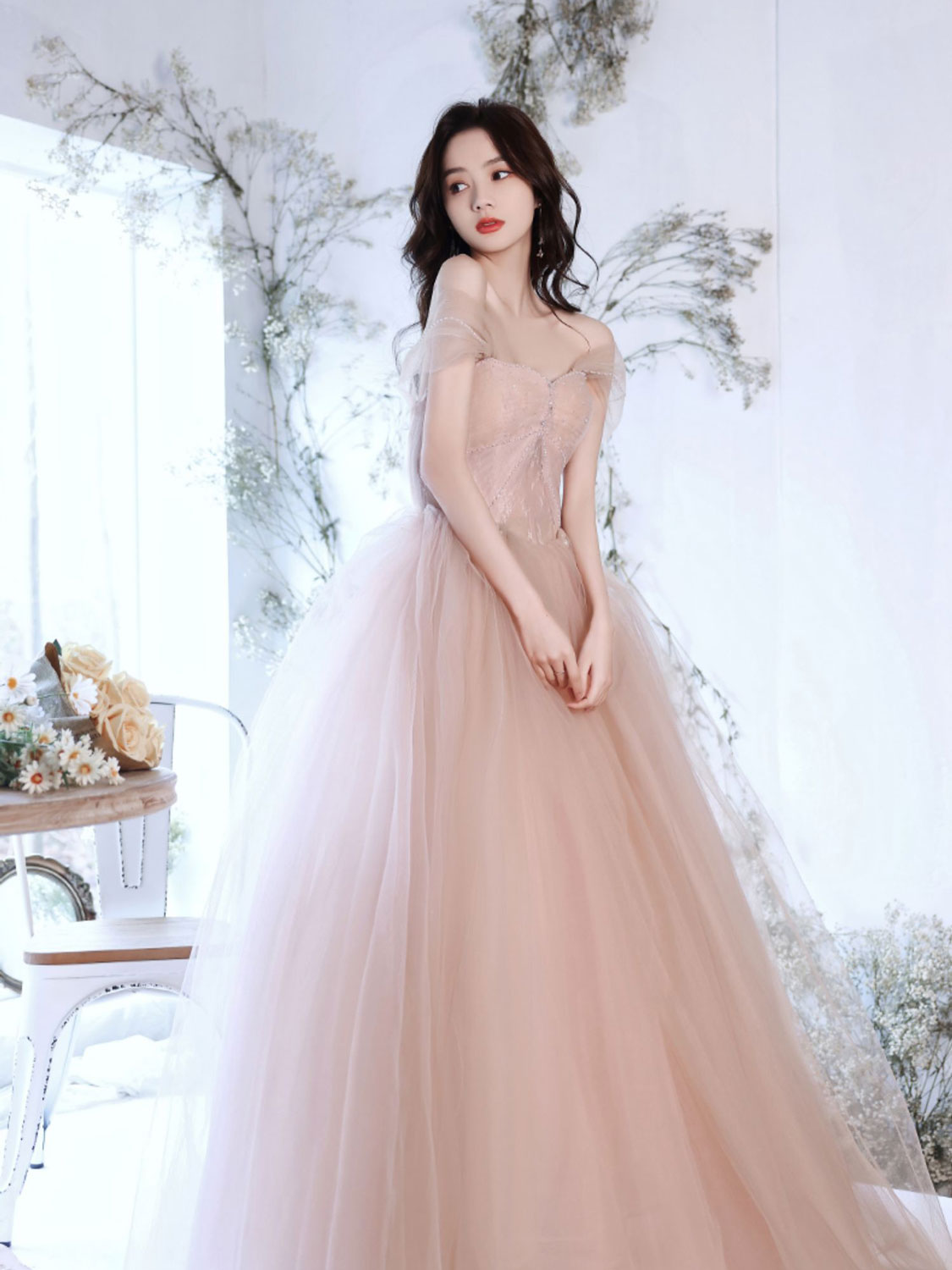 Ddbos A Line Off Shoulder Pink Long Prom Dress, Pink Graduation Dress with Beading Lace