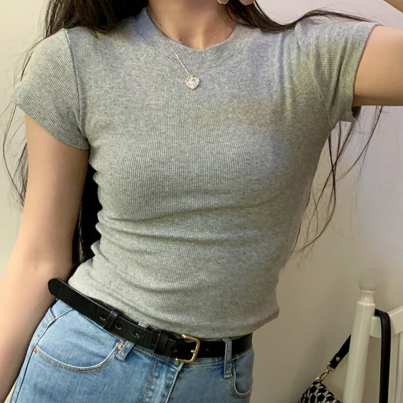 picture day outfit highschool Women's American-Style Short-Sleeved T-shirt with Straight Shoulder Thread Basic Summer New off-the-Collarbone Sexy Hot Girl Ins Short Top