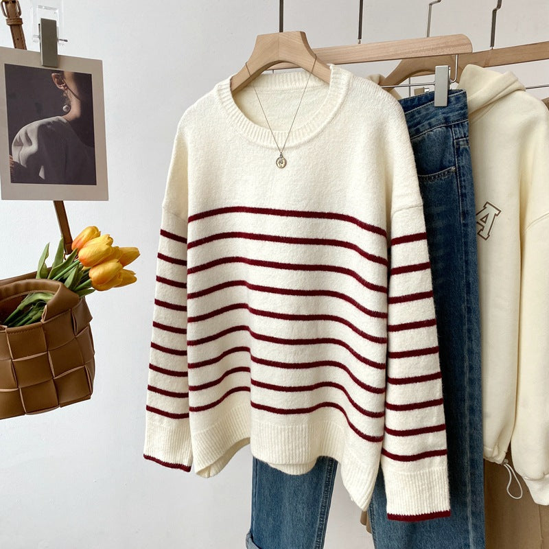 style Autumn and Winter New Korean Style round Neck Striped Sweater Glutinous Rice Velvet Skin-Friendly Anti-Pilling Loose Lazy Top