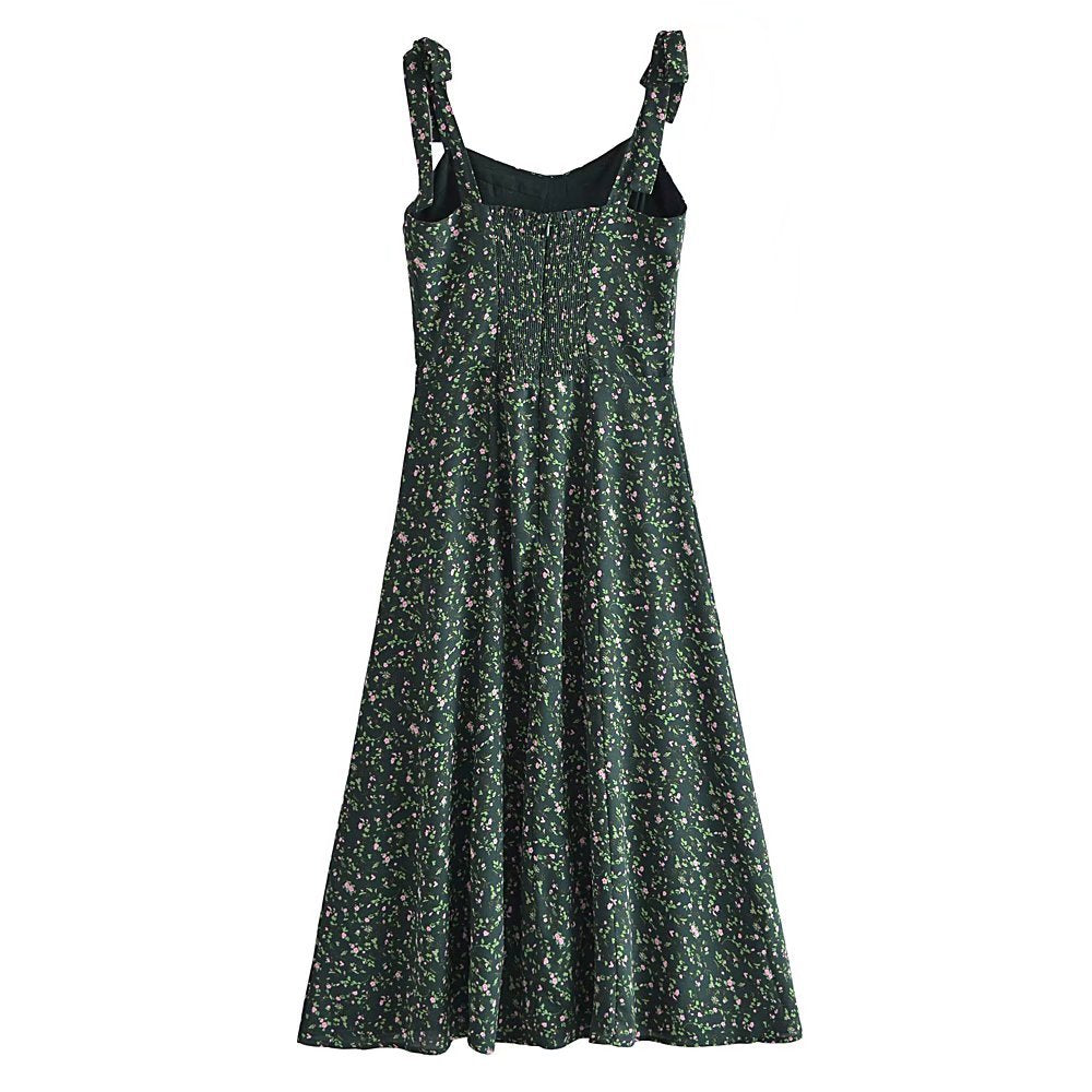 indie dress to impress Summer French Style Retro Dark Green Small Floral Slim Waist Long Sling Dress