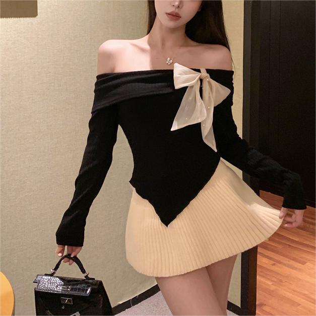 outfit Spring off-Shoulder Big Bow off-Shoulder Long Sleeve T-shirt Women's Sweater Top Bottoming Sweater