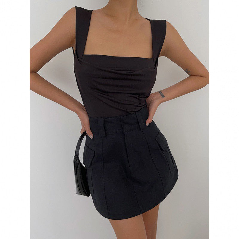 guys in skirts Vest Sexy Strap Slim Fit Pleated Short Sleeveless Bottoming Top for Women