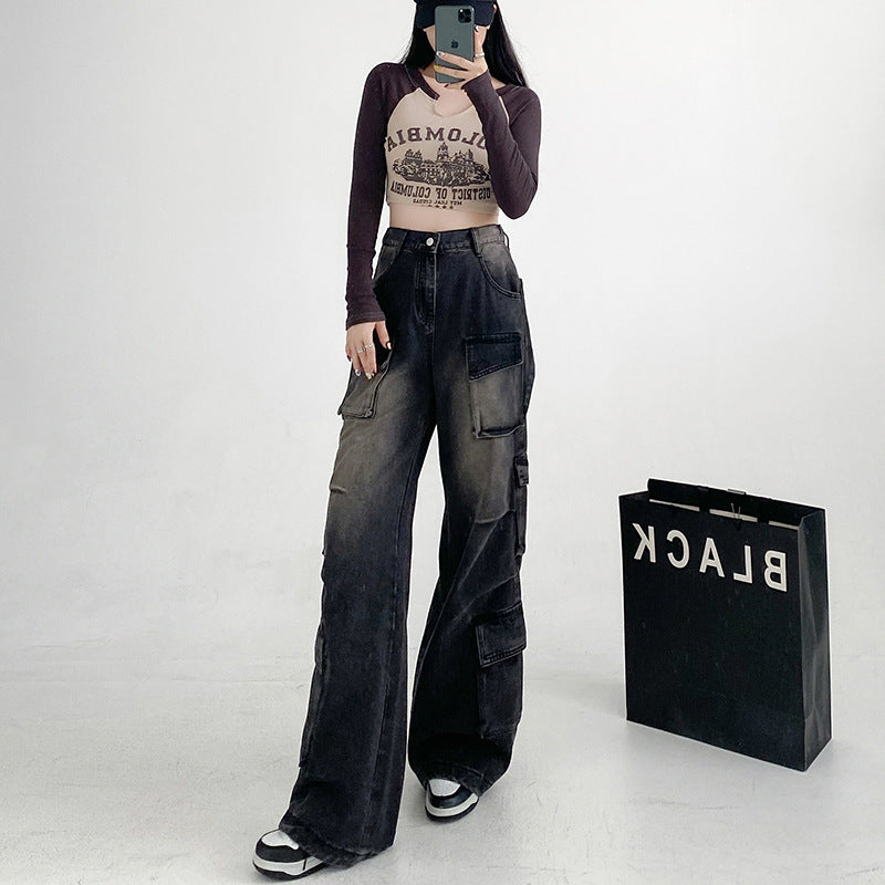 y2k outfits American Hip Hop Jazz Jeans Women's 2024 New Wide Leg Street Hip Hop Pocket Overalls