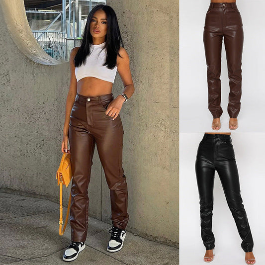 lookbook outfits 2024 Autumn and Winter New Pure Color PU Leather Slim-Fit Leisure Pants for Women