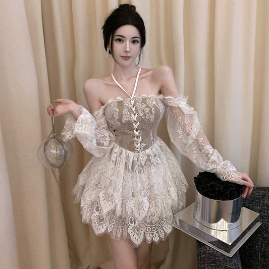 dress to impress Autumn Sexy Halter Long Sleeve Waist Lace Cake Dress