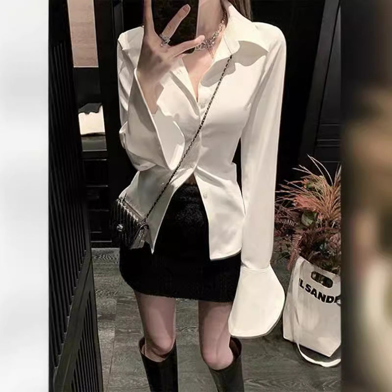 business casual outfits French Horn Long Sleeve Waist Tight Shirt Women's Autumn and Spring Design Sense Niche Shirt Tight Waist Slimming Lace-up Top