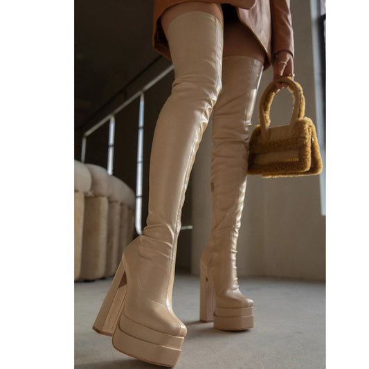 shoes Super High Heel over-the-Knee Half-Side Zipper Platform Thick Heel Square Toe Stretch Fashion Women's Boots