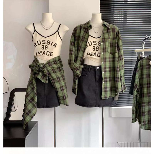 grunge outfits Women's White and Green Plaid Shirt, Large Loose Plaid Coat for Spring and Summer