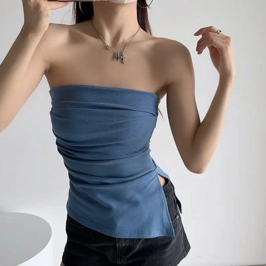 halter tops off-Shoulder Pleated Tube Top Pure Desire Ins Style Holiday Vest Women's Summer Slim Slimming Backless Top