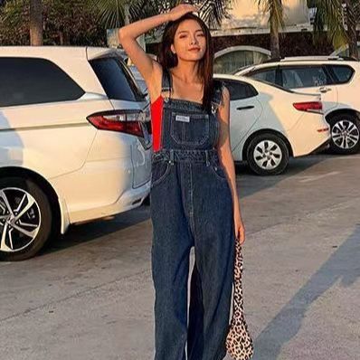 late summer outfits Summer and Autumn New American Retro High Waist Denim Suspender Pants Women's Wide Leg Loose Casual Straight Slimming Mop Pants