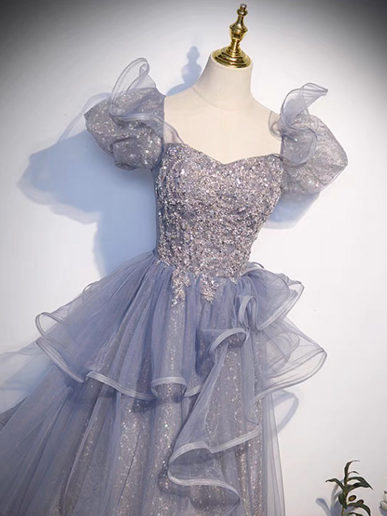 Ddbos A-Line Sweetheart Neck Tulle Sequin Gray Blue Long Prom Dress, Gray Blue Long Formal Dress