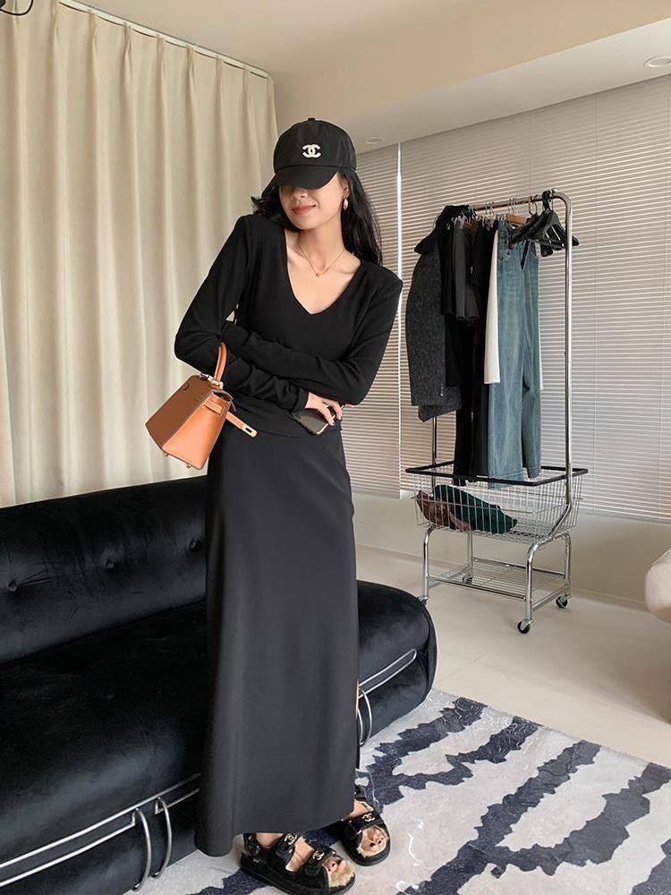 curvy casual outfits Spring and Autumn Black Skirt Women's Split Long High Waist Draping A- line Cover Slim Straight Skirt