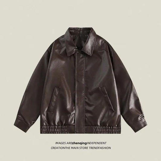 outfit inspo fall Spring and Autumn Brown Vintage Motorcycle Style Leather Jacket Men and Women Couple Loose American High-Grade Lapel PU Leather Jacket