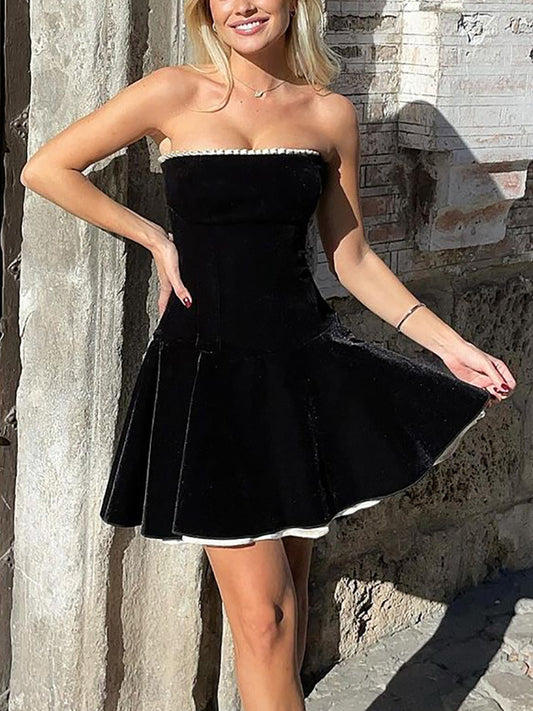 work holiday party outfit Retro Sexy Small Black Dress Velvet Stitching Ruffled Wrapped Chest Pleated Tube Top Skirt Waist Slimming Fairy Skirt