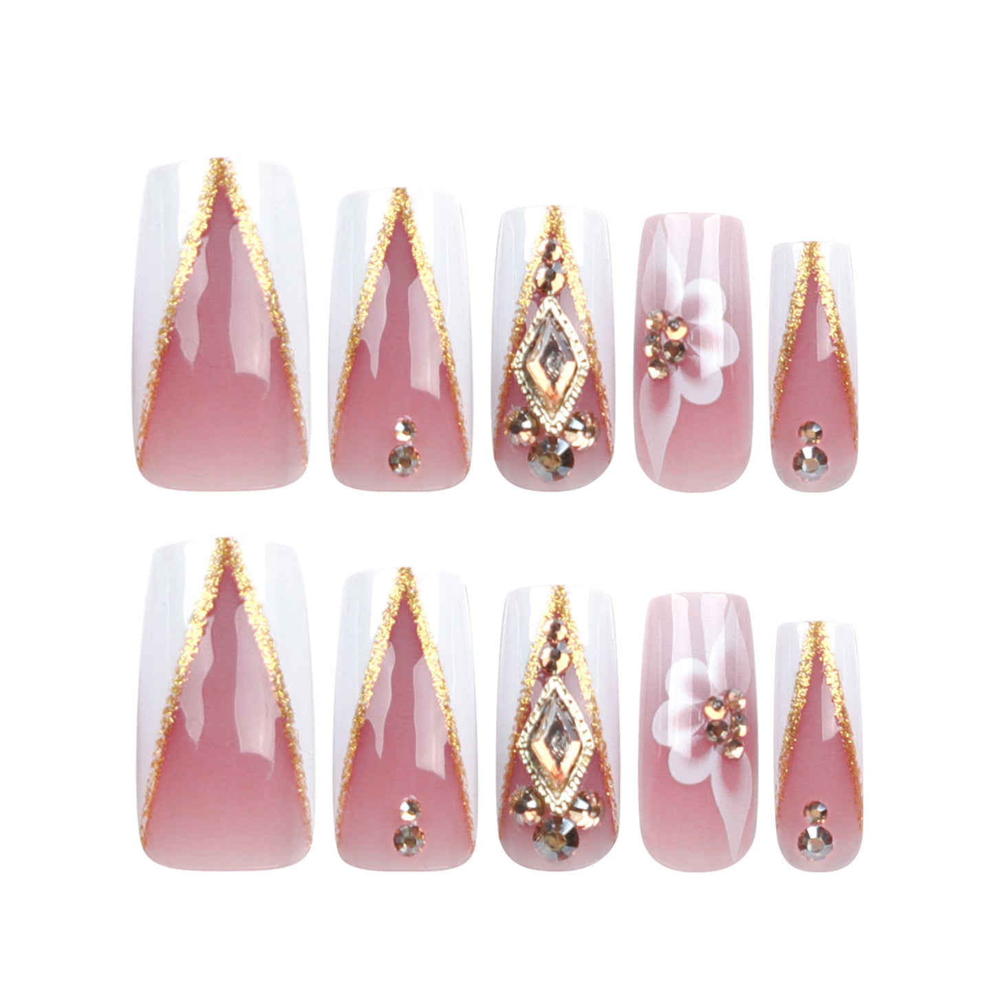 nails Gold Glitter Wear Nail V French Style White Edge Flower Three-Dimensional Rhinestone Nail Beauty Piece Autumn and Winter Nail Piece Batch