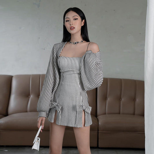 dresses Autumn Fashion Trendy Women's Clothing New Strap off-Shoulder Slim Hip Striped Dress