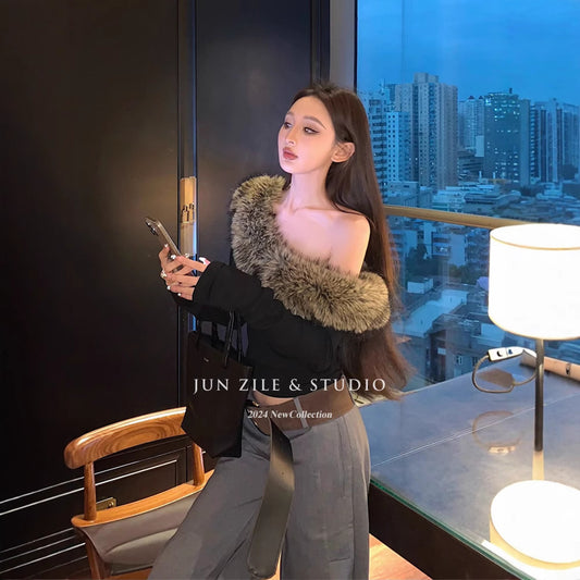 business casual outfits Plush Stitching off-Neck Top Long-Sleeved T-shirt Spring Elegant Hot Girl Casual Trousers Suit