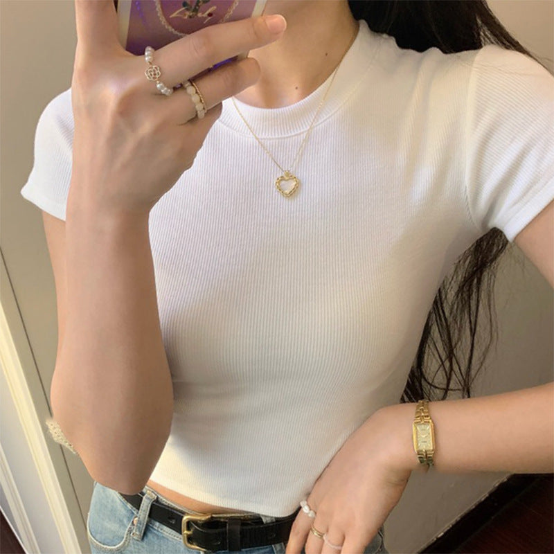 picture day outfit highschool Women's American-Style Short-Sleeved T-shirt with Straight Shoulder Thread Basic Summer New off-the-Collarbone Sexy Hot Girl Ins Short Top