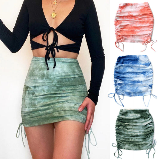 pretty halloween costumes Women's Knitted Drawstring Skirt Tie-Dyed Pleated Skirt Sexy High Waist Stretch Hip Skirt for Women