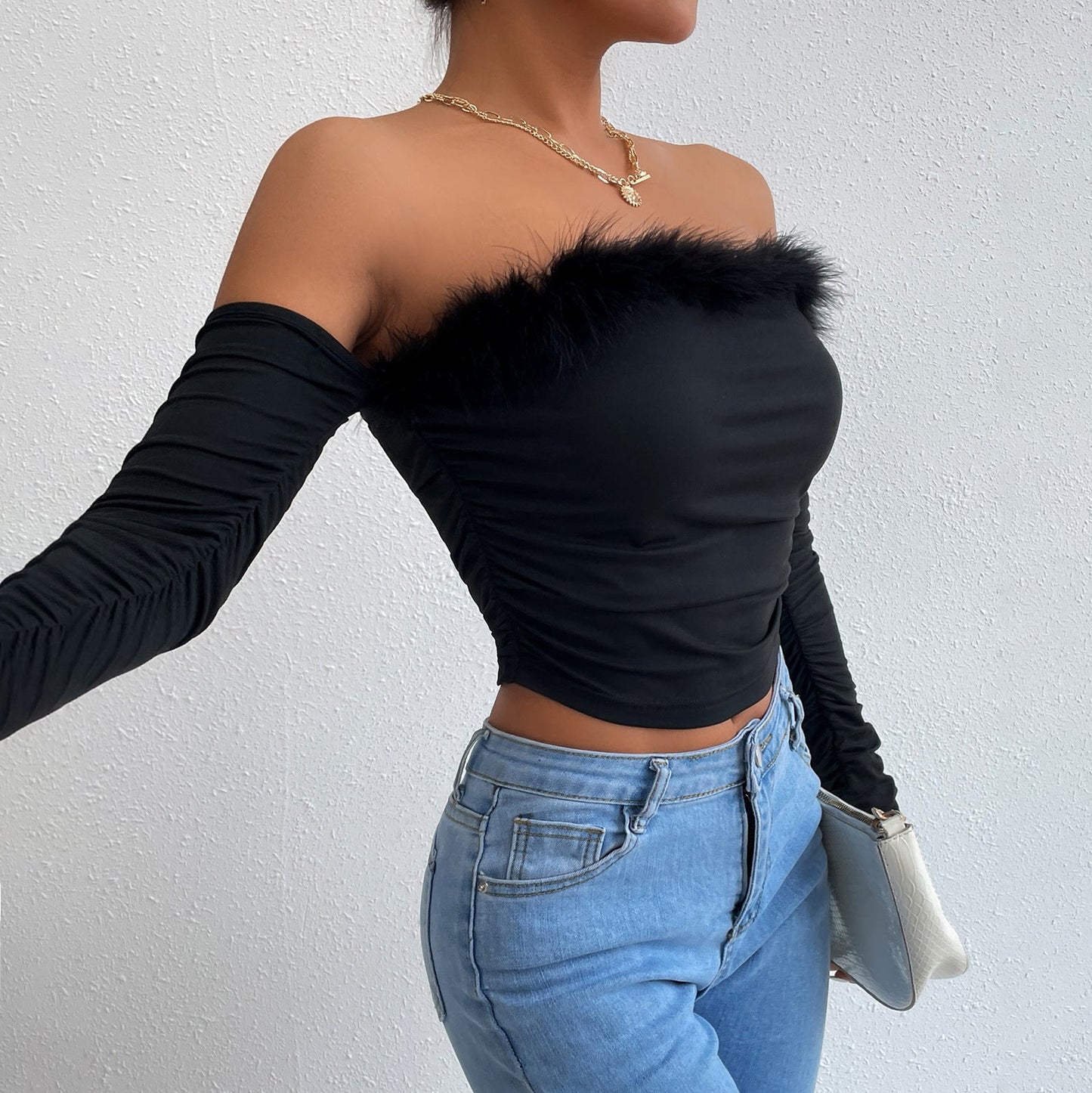 leapord halloween outfit Women's Summer Retro Fur Collar Tube Top Long-Sleeved Top off-the-Neck Backless off-Shoulder Top