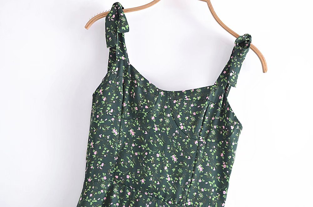 indie dress to impress Summer French Style Retro Dark Green Small Floral Slim Waist Long Sling Dress