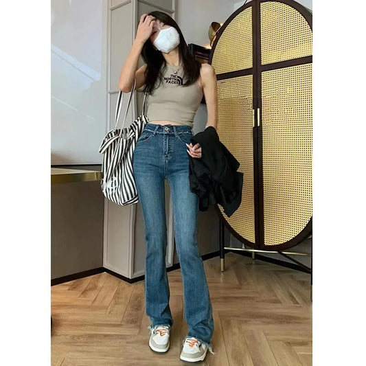 fall outfits women Korean Style Spring and Autumn New High Waist Slimming Jeans Design Tassel Stretch Micro Flared Pants All-Matching Trousers