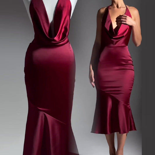 dresses 2024 Autumn New Fashion Low-Cut Swing Collar Red Sexy Backless Sheath Dress for Women