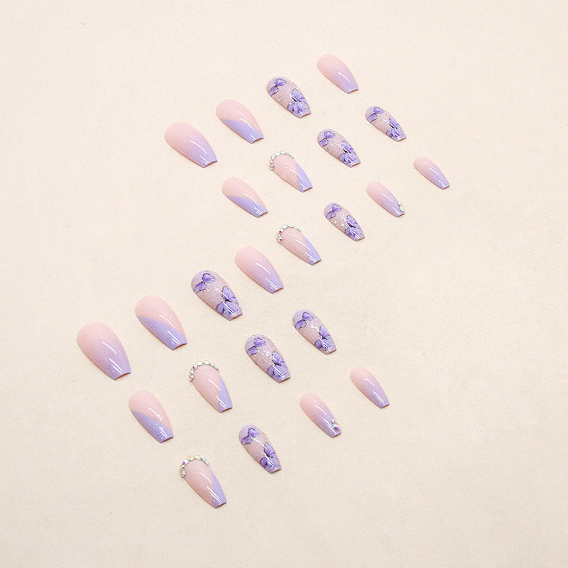 women’s fashion Shiny Broken Diamond Ice Cream Taro Purple Butterfly Manicure Light Purple French Princess Style Wear Nail Fake Nails