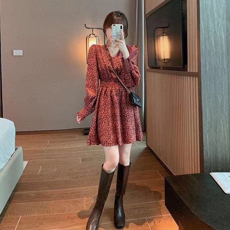 outfits Floral Jumpsuit Spring, Autumn and Winter Korean Style Retro Slimming Small Long Sleeve Bottoming V-neck Skirt