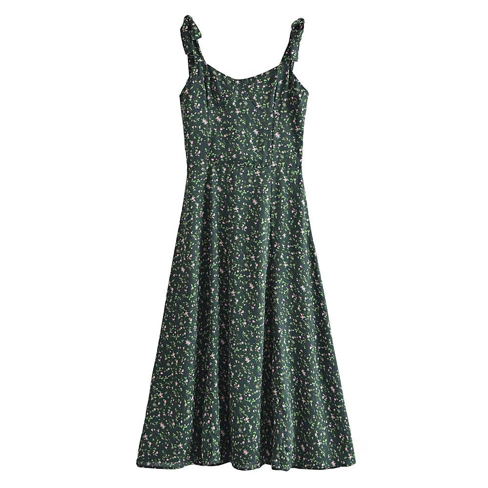 indie dress to impress Summer French Style Retro Dark Green Small Floral Slim Waist Long Sling Dress