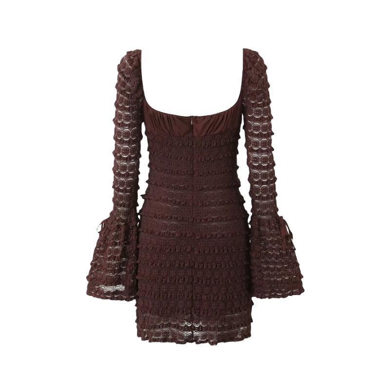 werewolves dress to impress French Retro Square Collar Sexy Low-Cut Bell Sleeve Dress Caterpillar Layered Lace Sheath Skirt